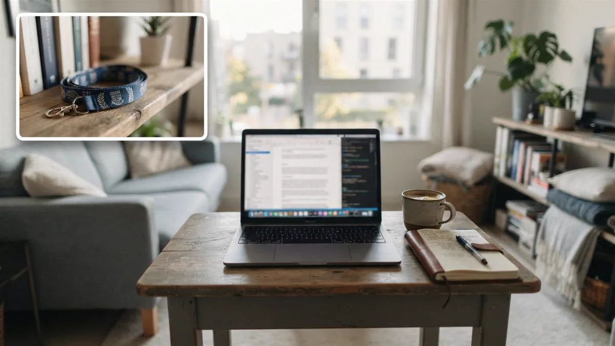 A laptop open on a small overseas apartment table with a coffee and a notebook